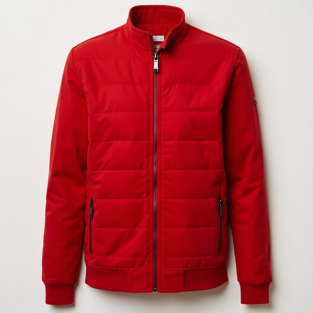 The image shows Trufits women's high neck puffer jacket in vibrant red, featuring a padded design, front zipper closure, and a sleek, stylish look perfect for cold weather. The image shows Trufits women's high neck puffer jacket in vibrant red, featuring a padded design, front zipper closure, and a sleek, stylish look perfect for cold weather.